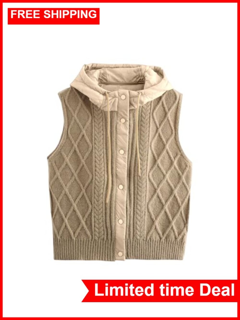 Quilted Hooded Knit Vest Lightweight Padded Sleeveless Snap Jacket